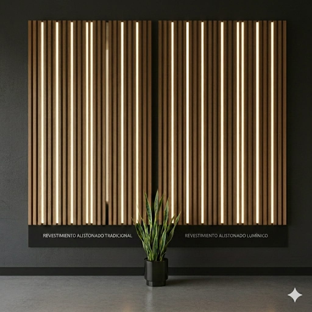 Revestimientos de Madera Lumínicos: Paneles Alistonados con LED Integrado